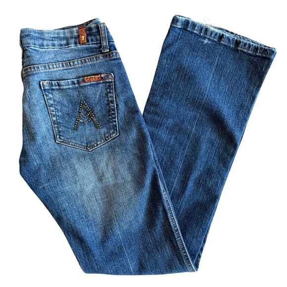 7 For All Mankind A Pocket Flare Leg Jeans Size 26 Back Pocket Embroidered Bling - Picture 1 of 11